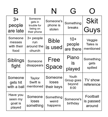 Youth Group Bingo Card