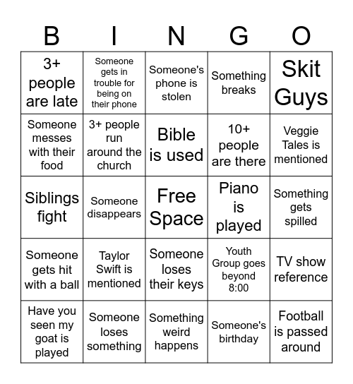 Youth Group Bingo Card