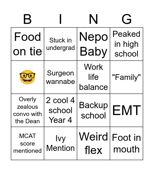 Med School Mixer Bingo Card