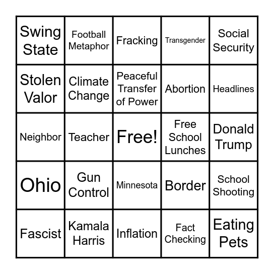 2024 V.P. DEBATE BINGO Card