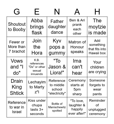 Family Wedding! Bingo Card