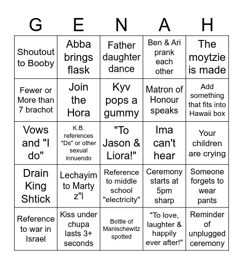 Family Wedding! Bingo Card