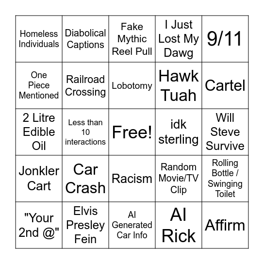 Instagram Reels Bingo Card