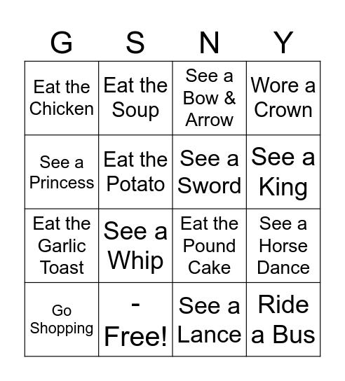 Medieval Times Bingo Card