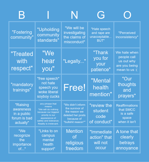 SMCC Response Bingo Card