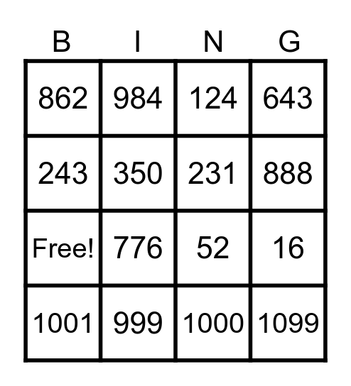 Numbers 1-1000 Bingo Card