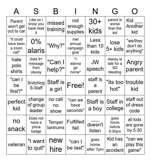 Afterschool bingo Card