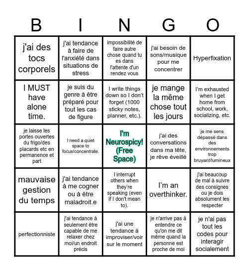 Neurodiversity Bingo REG Bingo Card