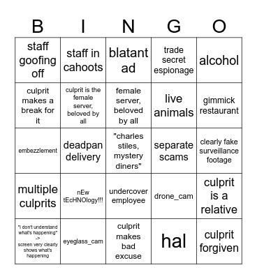 mystery diners bingo Card