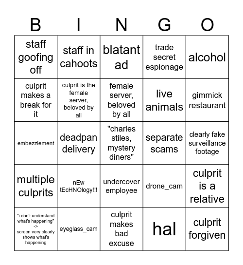 mystery diners bingo Card