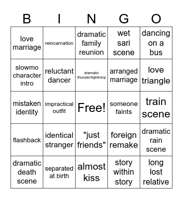 Bollywood Bingo Card