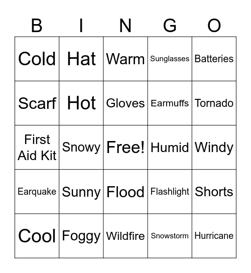 Weather-Unit 9 Bingo Card