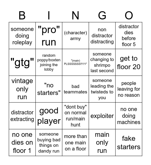 Dandy's world bingo Card