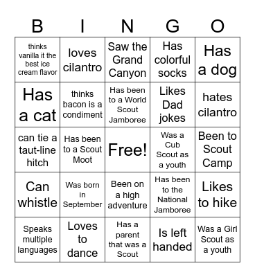 Leader Adventure Weekend Bingo Card