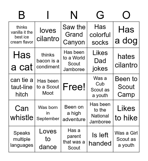 Leader Adventure Weekend Bingo Card