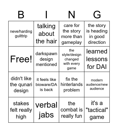 DRAGON AGE BINGO Card