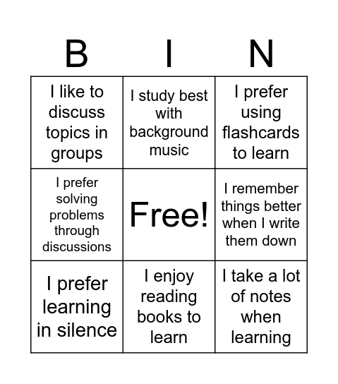 Learning Style Bingo Card