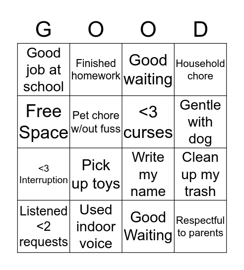 Kayla's "Good Job" BINGO Card