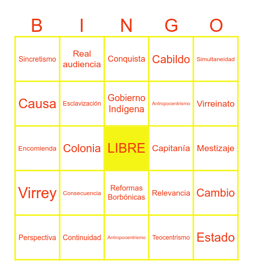 Conceptos de la historia Bingo Card