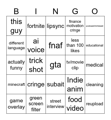 Youtube Shorts Bingo Card