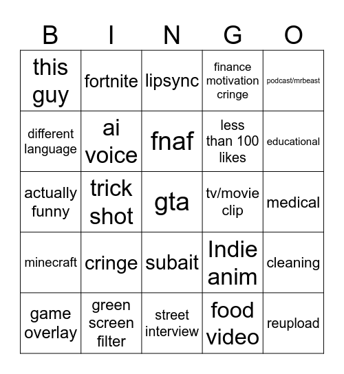 Youtube Shorts Bingo Card