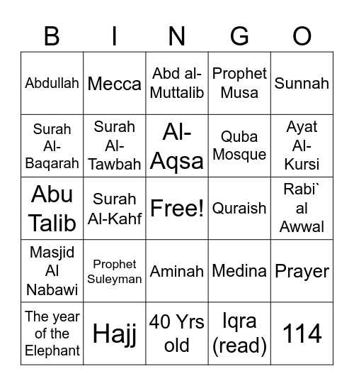 Islamic Bingo Card