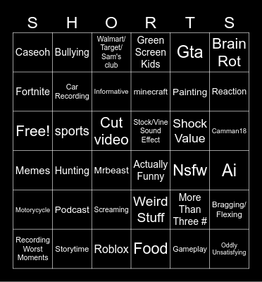 Youtube Shorts Bingo Card