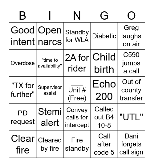 EMS (Dan Side) Bingo Card