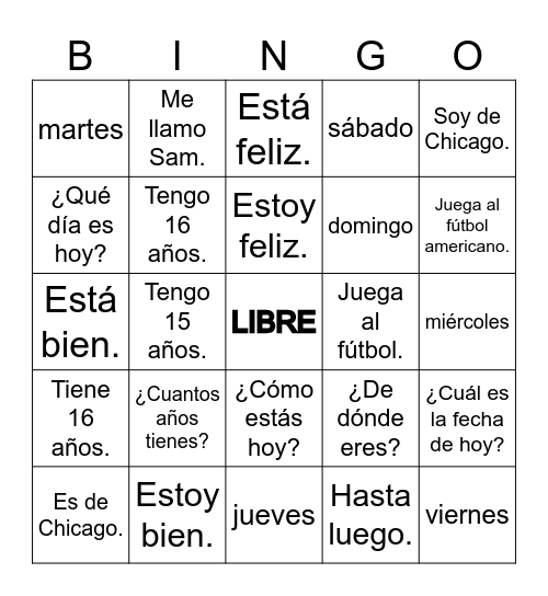 Repaso de la unidad preliminaria Bingo Card