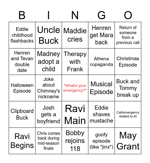 9-1-1 Season 8 Bingo Card