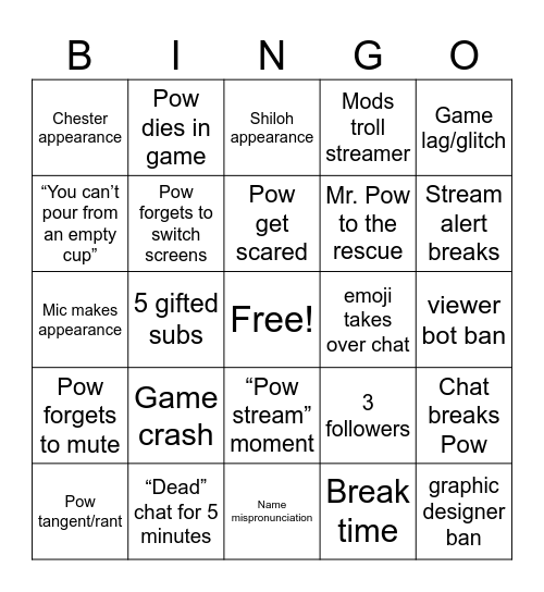 Pow Birthday Stream Bingo Card