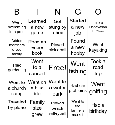 What Did You Do This Summer Bingo Card