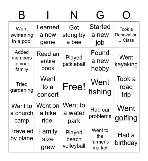 What Did You Do This Summer Bingo Card