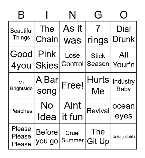 Todays Hits Bingo Card