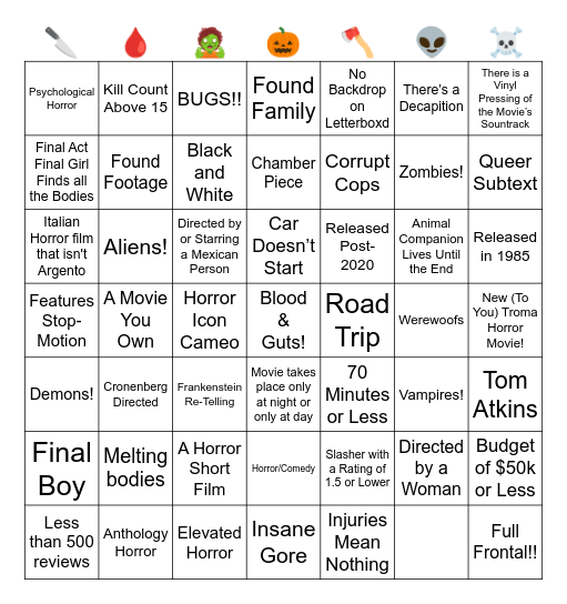 Horror Letterboxd Bingo 24 Bingo Card