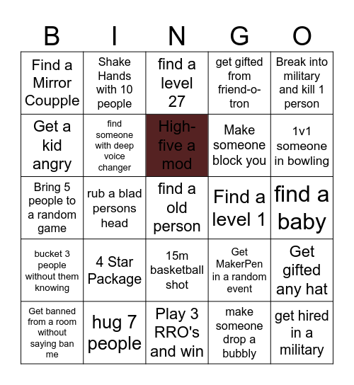 Rec Room Bingo Card