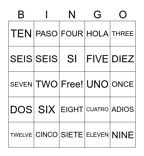 Los Numeros- Bingo Card