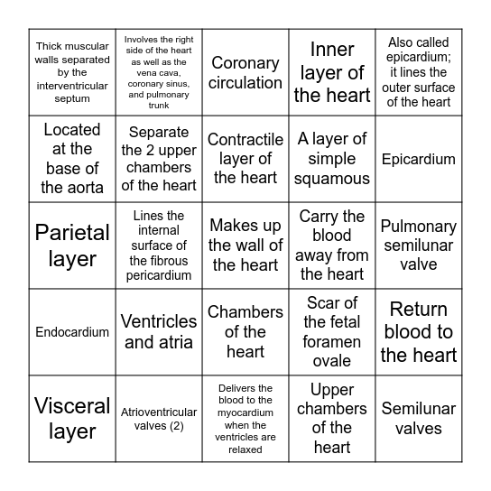 Anatomy of the heart Bingo Card