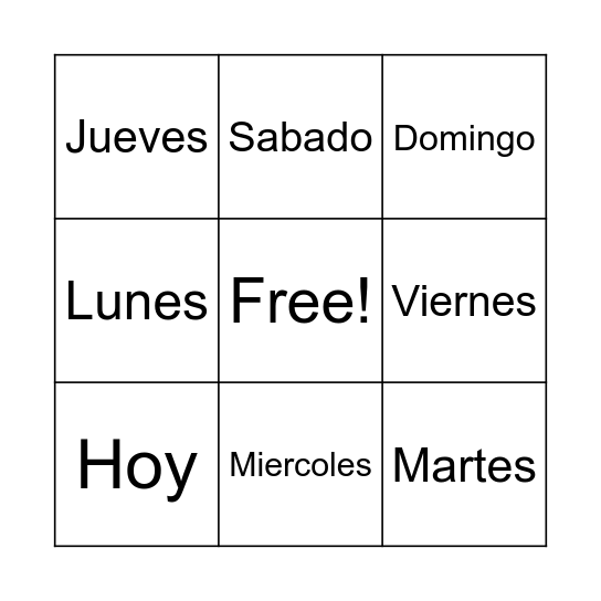 Los Dias de la Semana Bingo Card