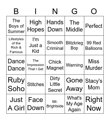 Pop Punk Bingo Card