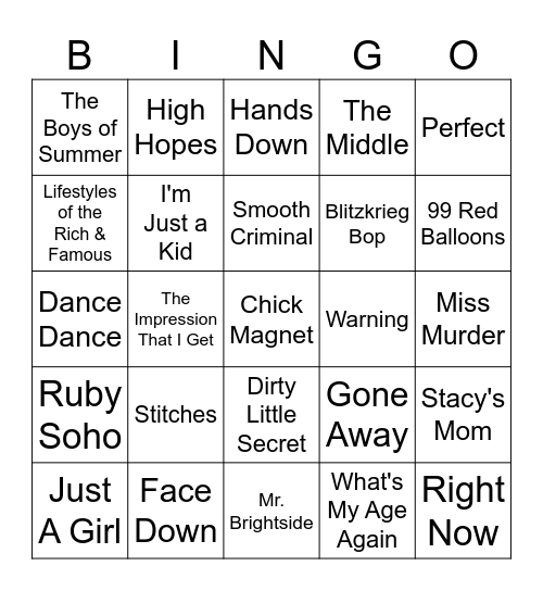 Pop Punk Bingo Card