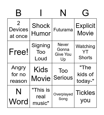 Daddy Bingo Card