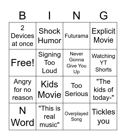 Daddy Bingo Card