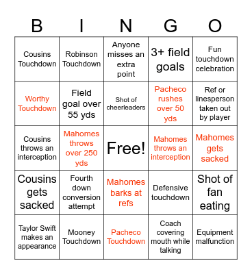 Sunday Night Football Bingo Card