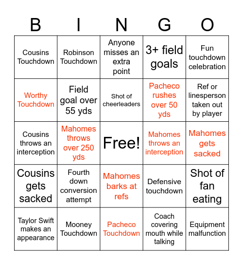 Sunday Night Football Bingo Card