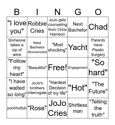 Bachelorette Bingo Card