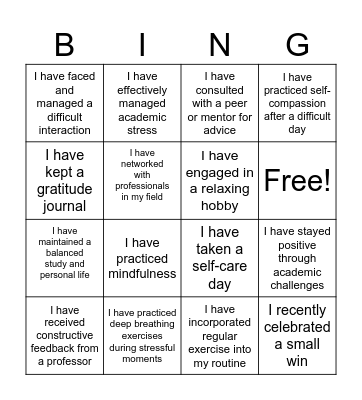 Resilience Bingo Card