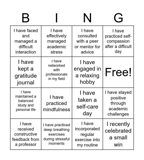 Resilience Bingo Card