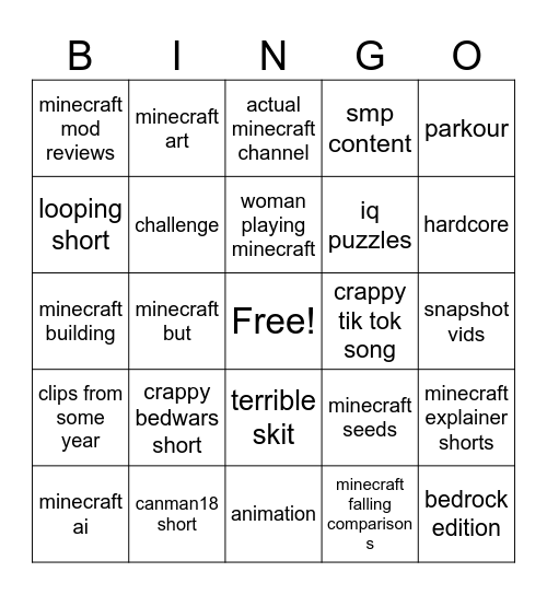 minecraft yt short Bingo Card