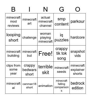 minecraft yt short Bingo Card